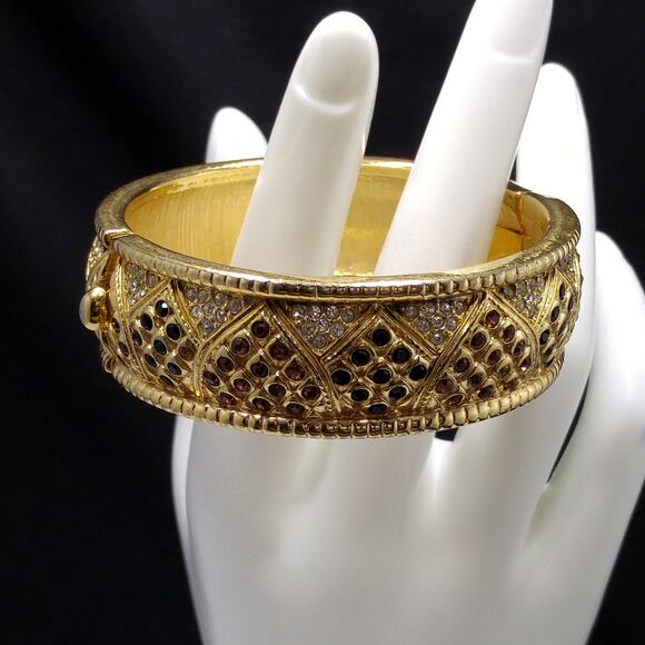 Vintage Swarovski Rhinestone Hinged Bracelet, Gold Plated, Missing Rhinestones - Picture 5 of 10